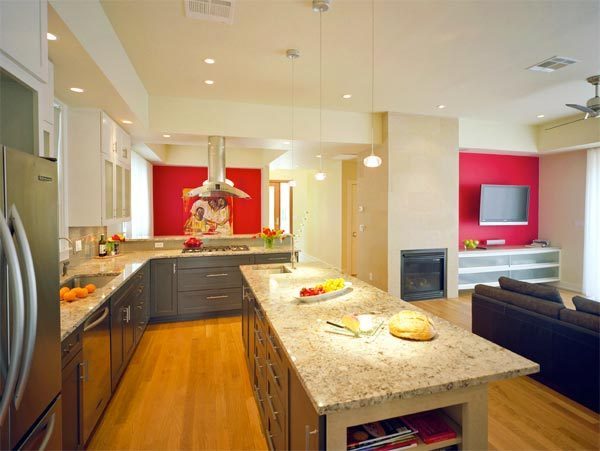 red accent wall kitchen
