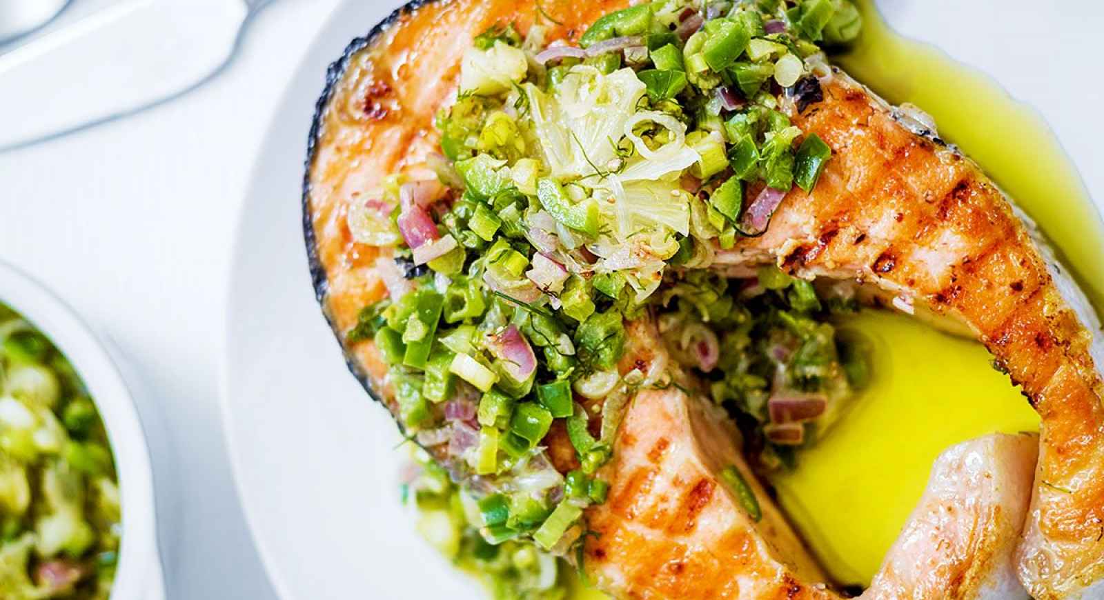 Grilled Salmon Steaks Recipe With Jalapeno Salsa Eatwell101