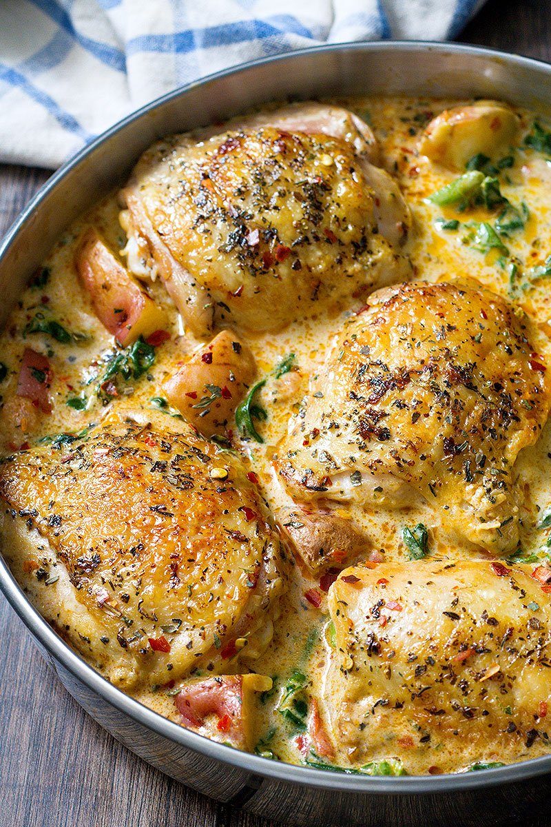 Chicken and Potatoes with Garlic Parmesan Spinach Cream Sauce — Eatwell101