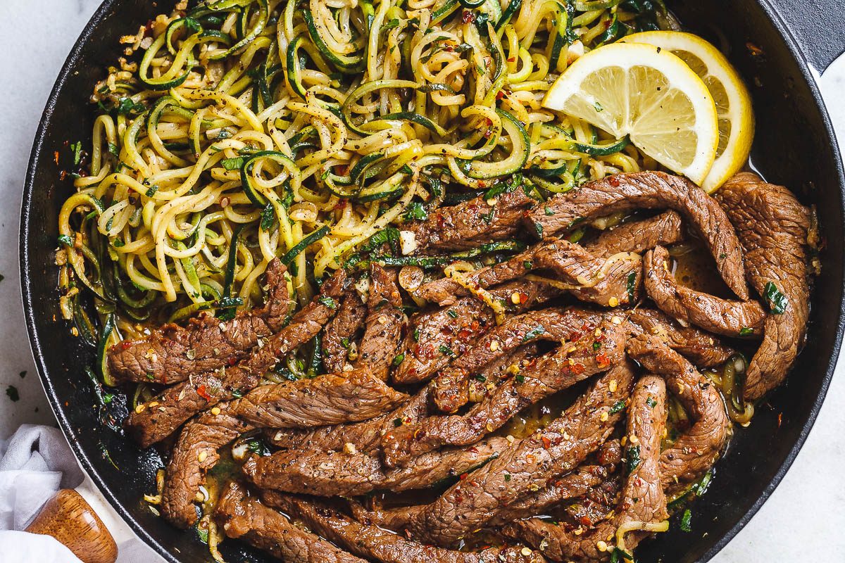 Lemon Garlic Butter Steak with Zucchini Noodles – Ready in 15-Minutes