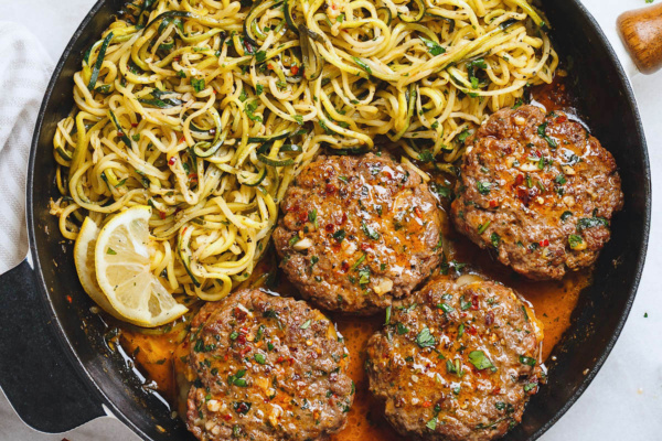 Cheesy Garlic Burgers With Lemon Butter Zucchini Noodles Beef Burgers Recipe Eatwell101