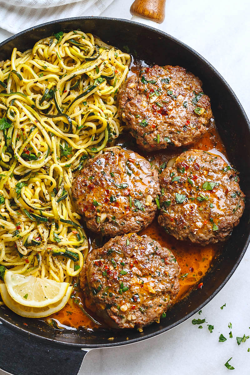 Cheesy Garlic Burgers with Lemon Butter Zucchini Noodles – Beef Burgers ...