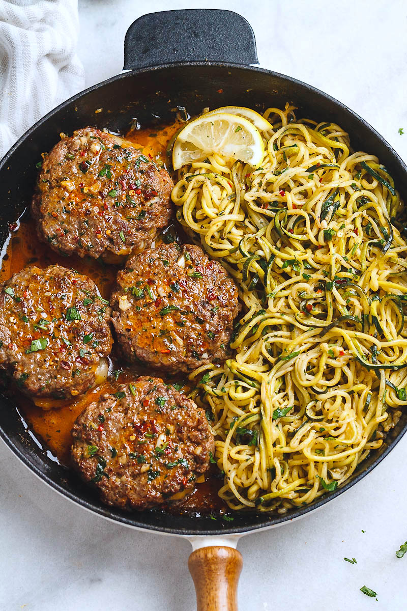 Cheesy Garlic Burgers with Lemon Butter Zucchini Noodles – Beef Burgers ...