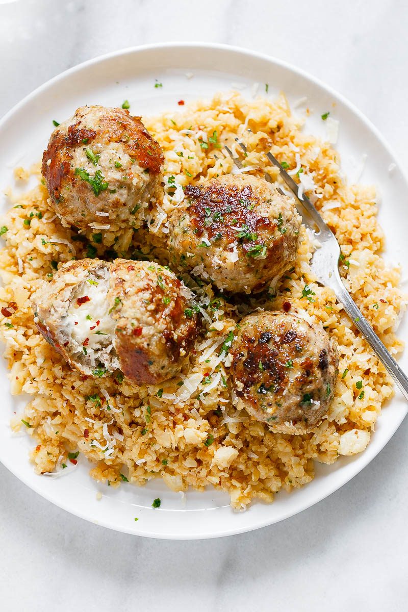 Cheesy Stuffed Turkey Meatballs With Cauliflower Rice Eatwell101