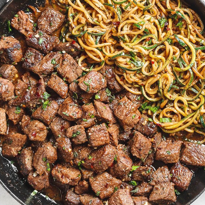 Garlic Butter Steak Bites Recipe – Steak Bites with Lemon Zucchini Noodles  — Eatwell101