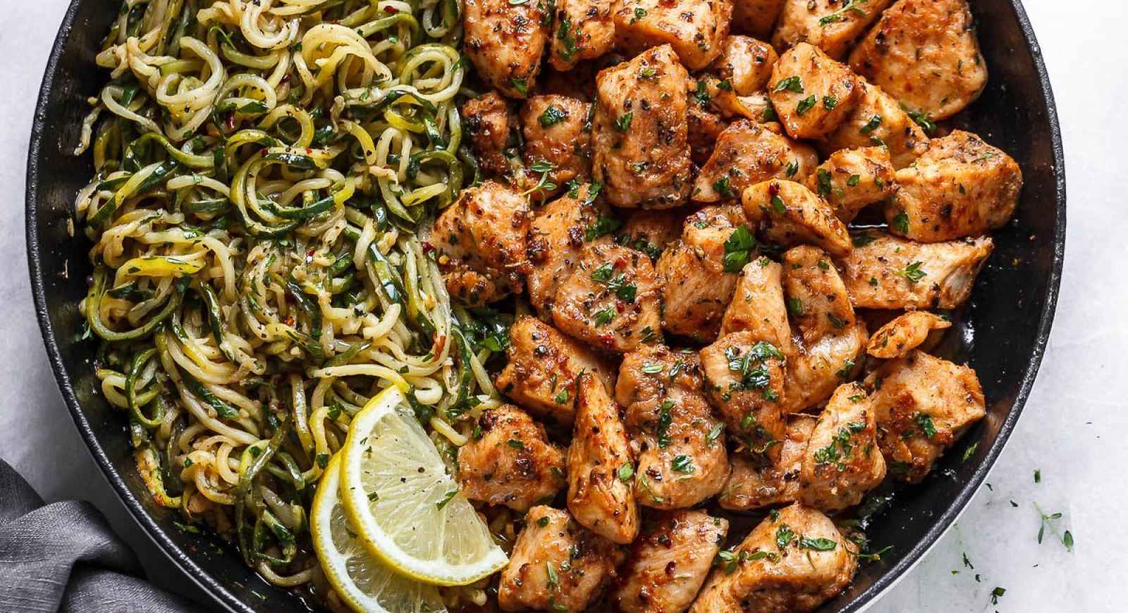 Garlic Butter Chicken Bites With Lemon Zucchini Noodles Recipe Eatwell101