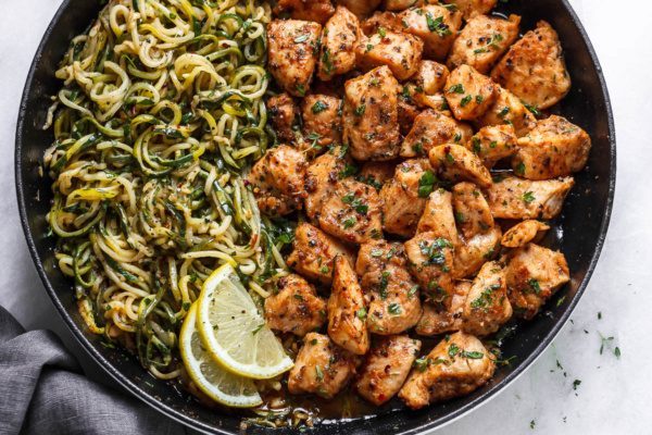 Garlic Butter Chicken Bites with Lemon Zucchini Noodles Recipe — Eatwell101