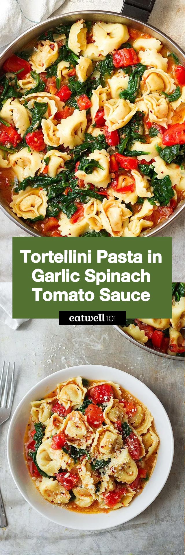 One-Pan Tomato Spinach Tortellini - #tortellini #pasta #recipe #eatwell101 - Easy, healthy and family friendly, on the table in 20 minutes. The perfect answer to your weeknight dinner prayers!