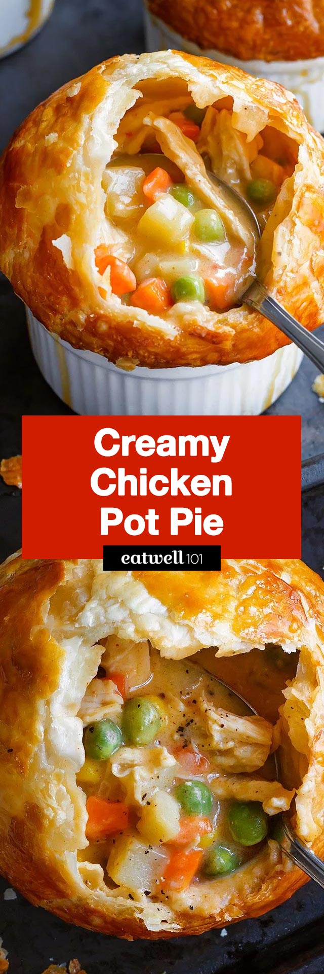 Creamy Chicken Pot Pie - #chicken #potpie #recipe 3eatwell101 - Rich, flavorful with a golden brown crispy crust, these individual chicken pot pies are seriously comforting.