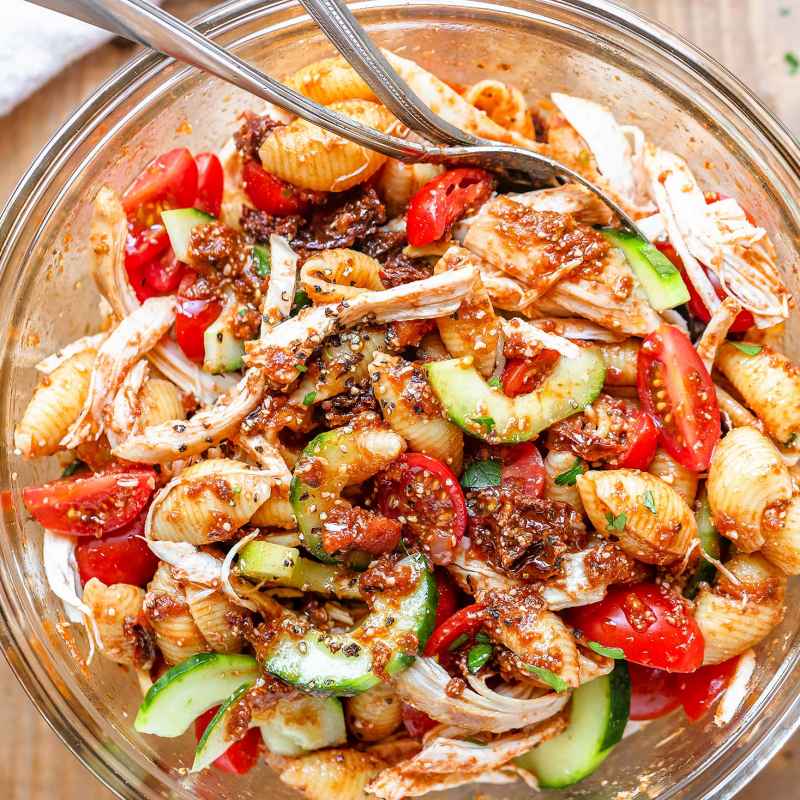 Healthy Roasted Chicken Pasta Salad Recipe With Cucumber Tomato And Parmesan Balsamic Sauce Chicken Pasta Salad Recipe Eatwell101