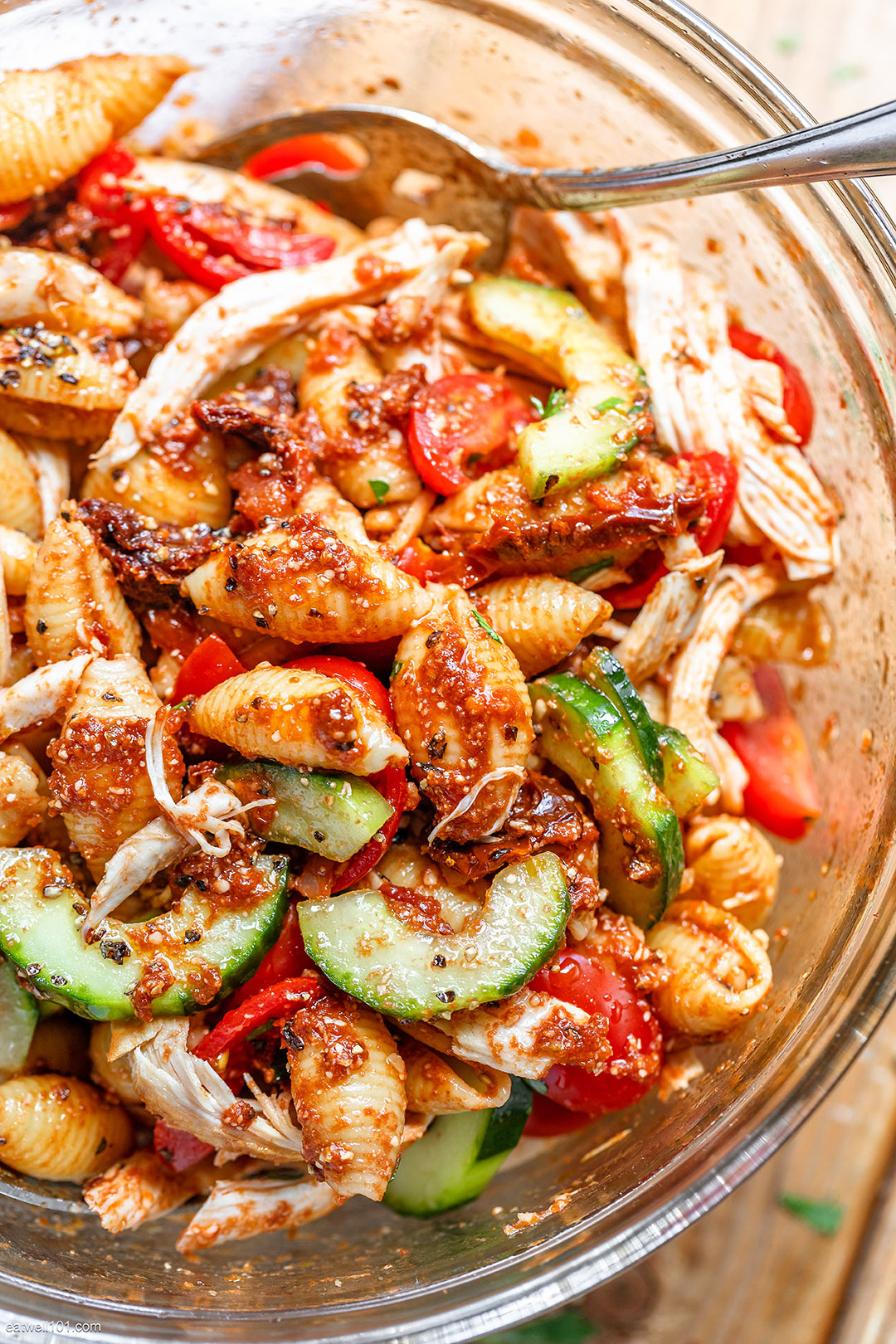 Healthy Roasted Chicken Pasta Salad Recipe with Cucumber, Tomato, and