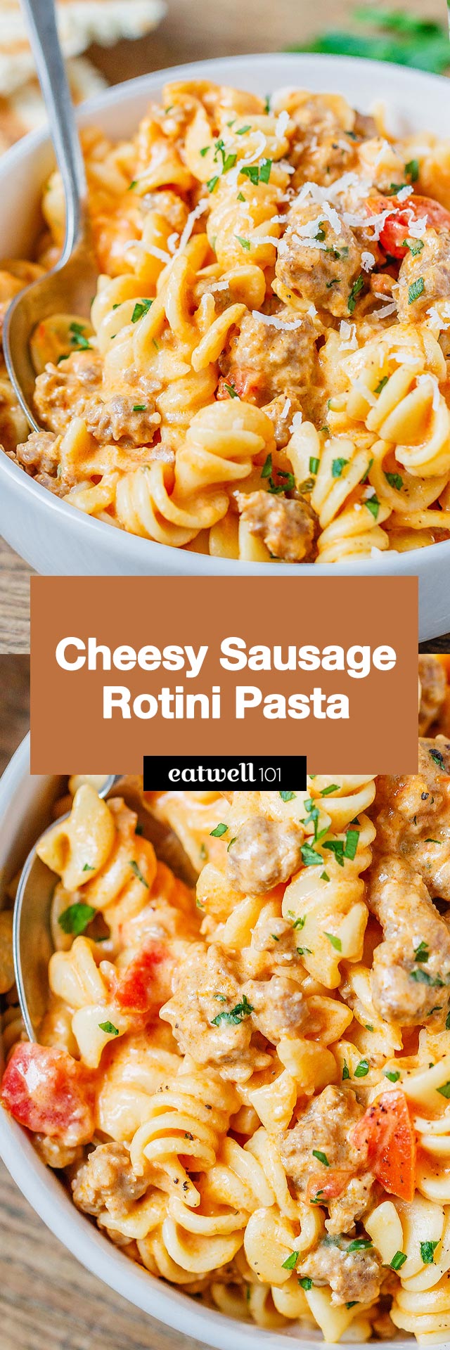 Cheesy Sausage Rotini Pasta Recipe - #sausage #pasta #recipe #eatwell101 - This cheesy sausage rotini pasta recipe is perfect for a quick and satisfying family dinner.