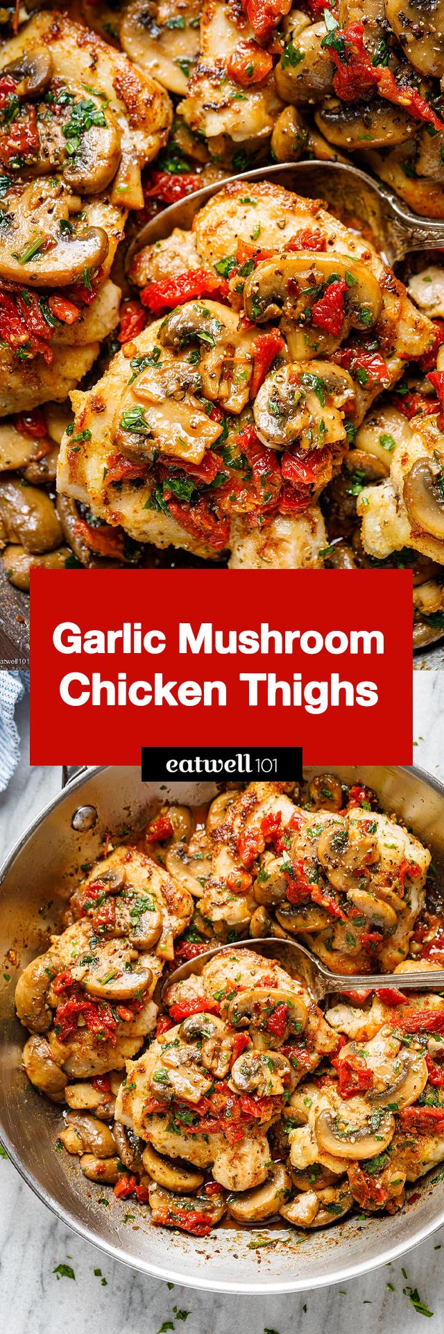 Garlic Mushroom Chicken Thighs - #chicken #mushrooms #recipe #eatwell101- These garlic mushroom chicken thighs make the perfect dinner for a hungry crowd!