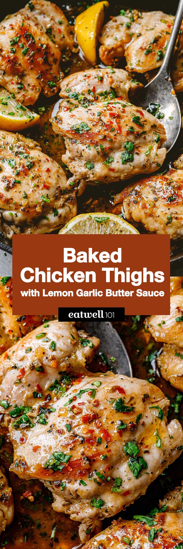 Garlic Lemon Baked Chicken Thighs - #baked #chicen #thighs #recipe #eatwell101- This baked chicken thighs recipe is so easy to make with only a handful of pantry ingredients and just one pan!