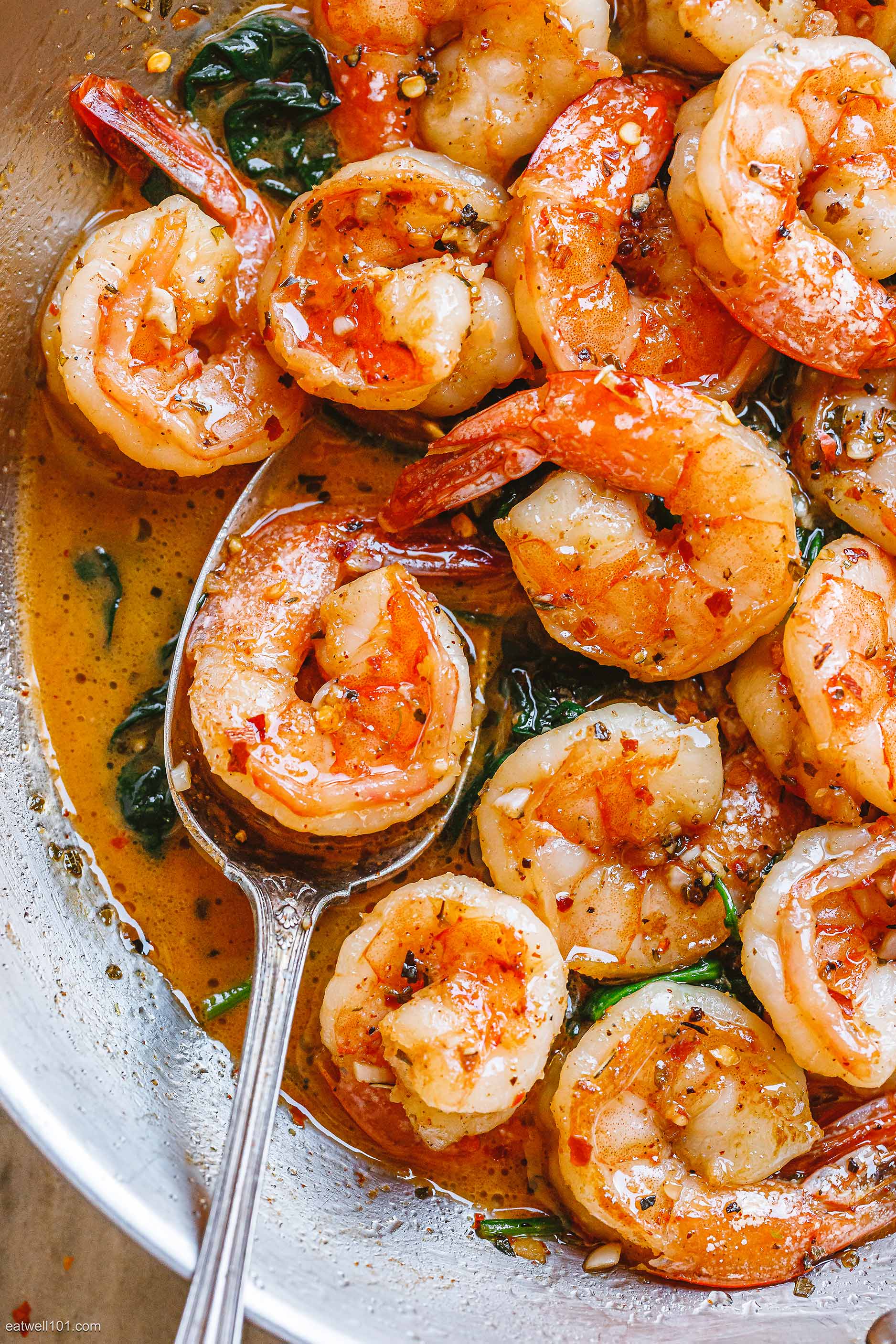 Quick and Easy Homemade Recipes - ❤️ Shrimp and Sauteed Spinach ❤️ 1 ½  tbsps of simply Asia sweet ginger garlic seasoning. ¼ cup of dry white  wine. 3 cups of fresh