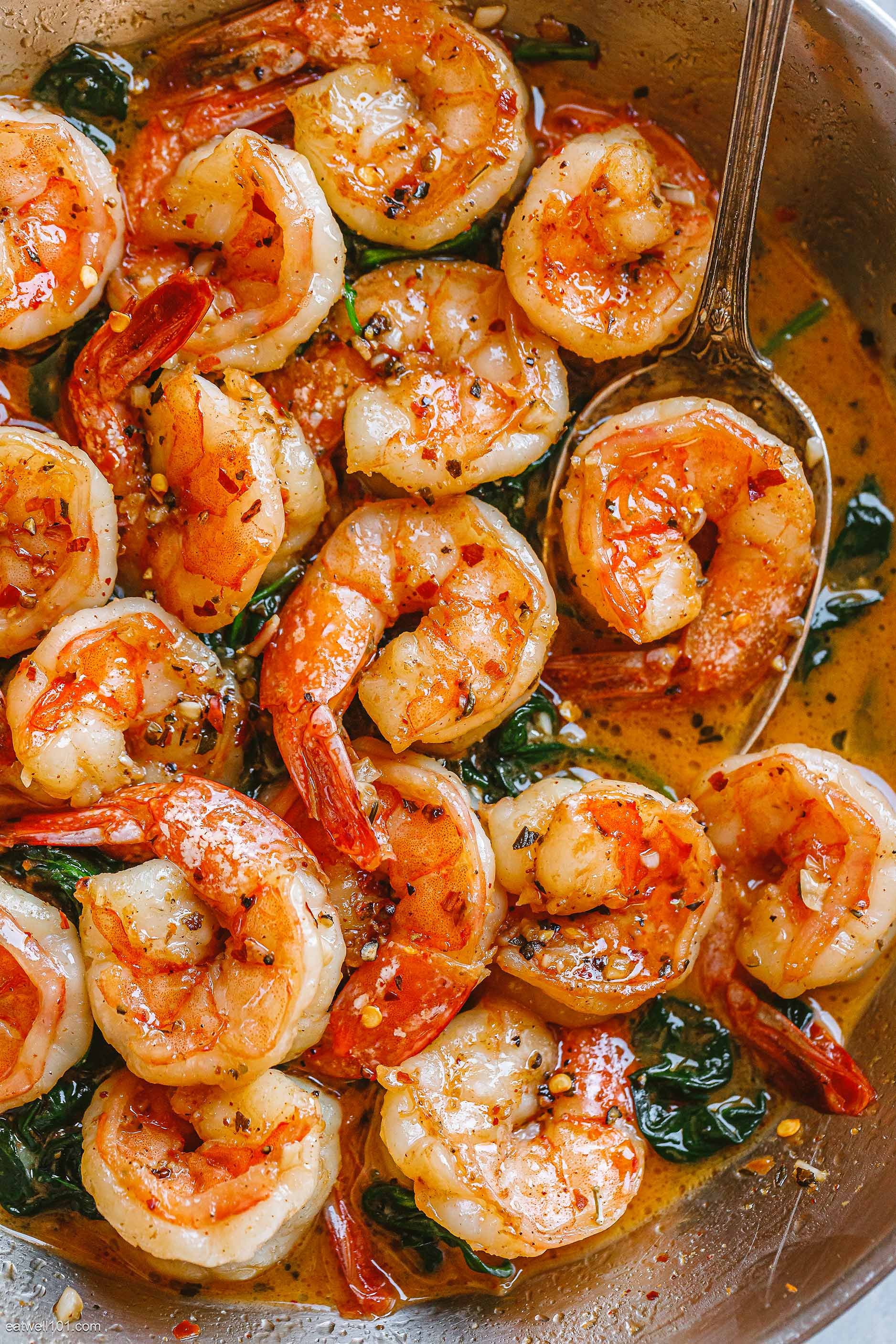 Quick and Easy Homemade Recipes - ❤️ Shrimp and Sauteed Spinach ❤️ 1 ½  tbsps of simply Asia sweet ginger garlic seasoning. ¼ cup of dry white  wine. 3 cups of fresh