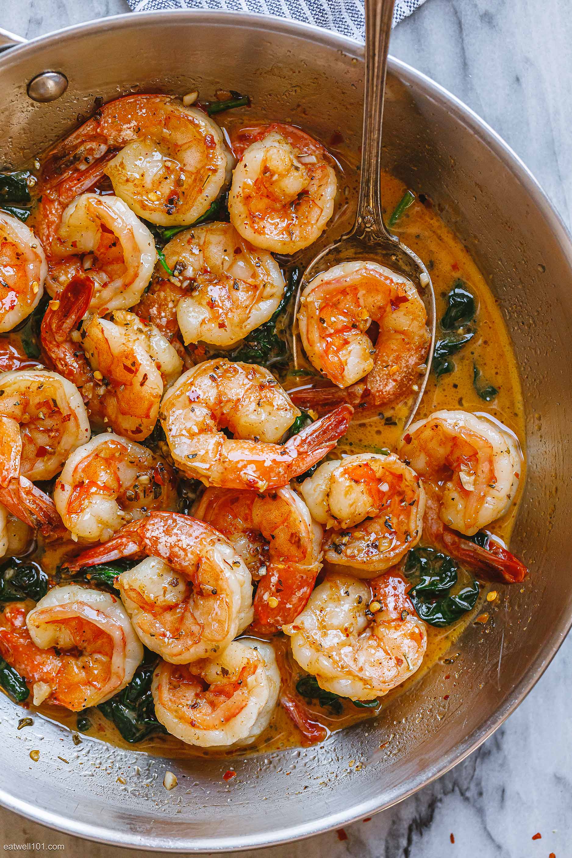 Quick and Easy Homemade Recipes - ❤️ Shrimp and Sauteed Spinach ❤️ 1 ½  tbsps of simply Asia sweet ginger garlic seasoning. ¼ cup of dry white  wine. 3 cups of fresh