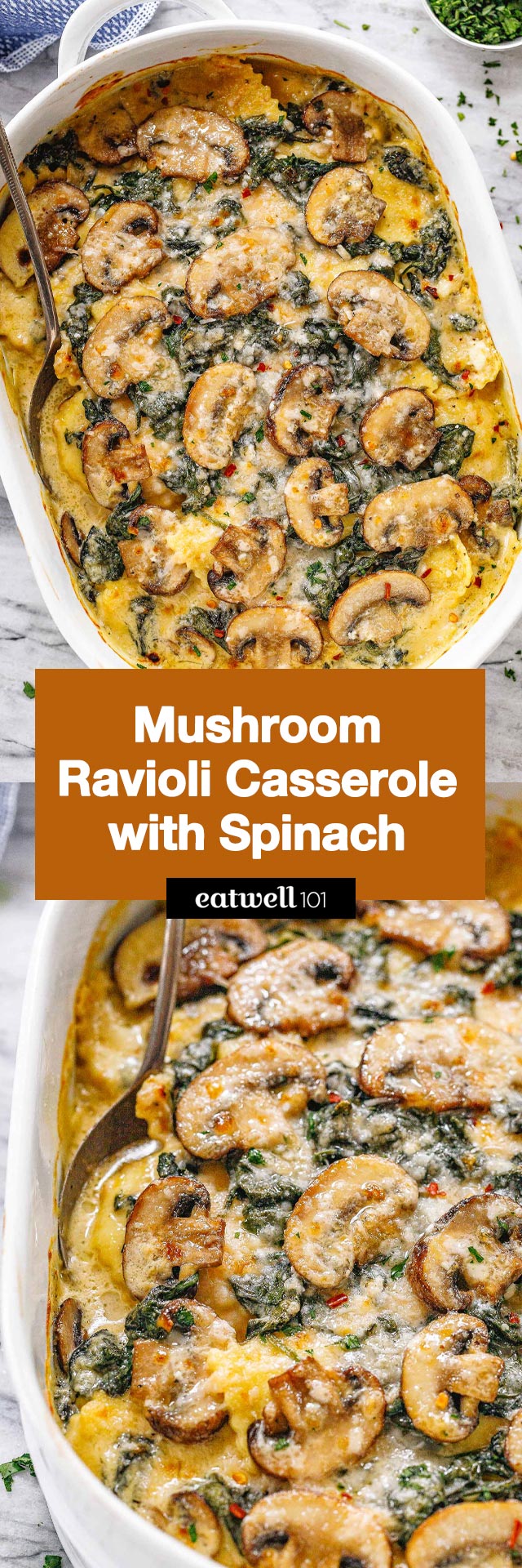 Cheesy Mushroom Ravioli Casserole - #ravioli #spinach #mushroom #pasta #casserole #eatwell101 #recipe - Our spinach mushroom ravioli casserole is an easy dinner recipe that the whole family will love. 