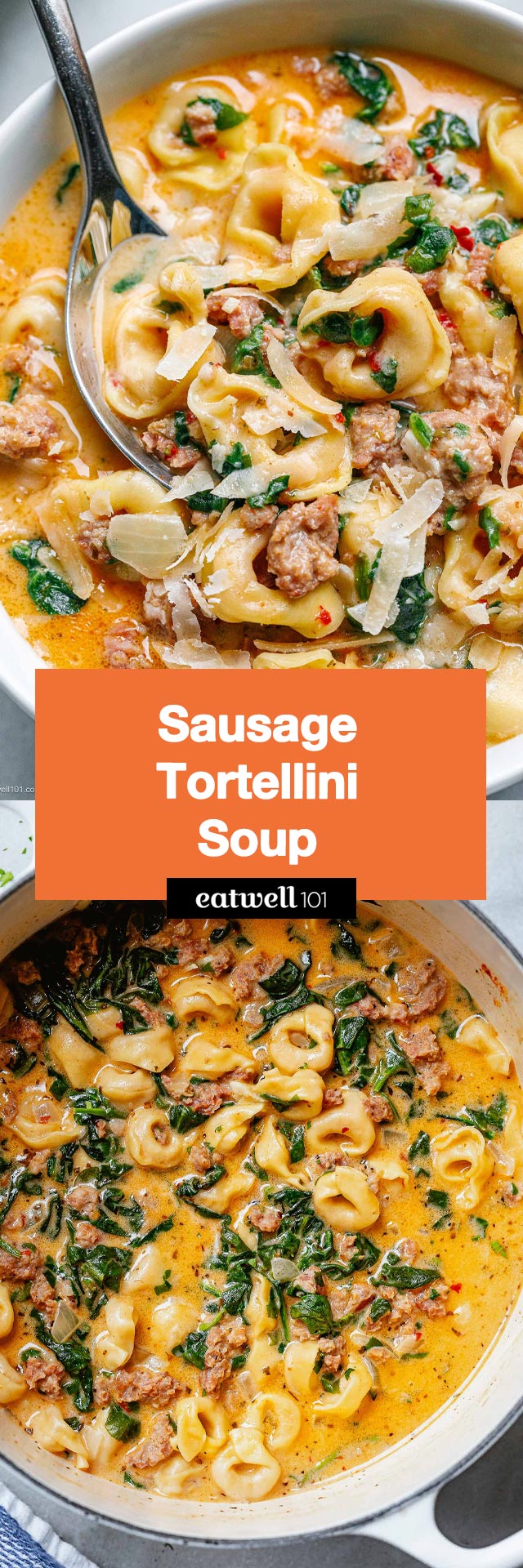 Creamy Sausage Tortellini Soup - #sausage #tortellini #soup #recipe #eatwell101 - Creamy sausage tortellini soup is thick and creamy comfort in a bowl. A family favorite!