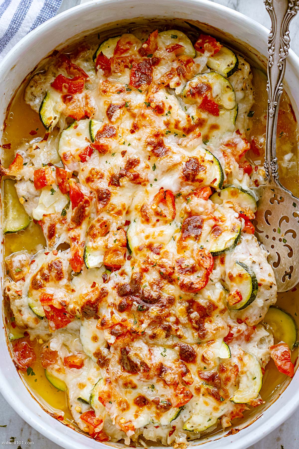 zucchini “pasta” with chicken, white wine, & tomatoes