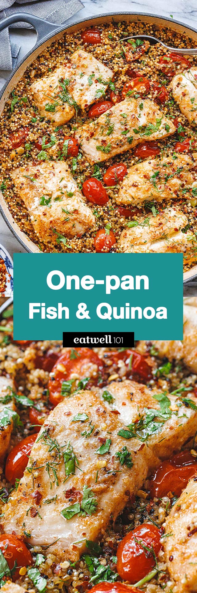 One-Pan Fish Fillets with Quinoa and Cherry Tomatoes - #fish #quinoa #onepan #recipe #eatwell101 - This flavor-packed one-pan fish and quinoa dish to treat the family to a healthy weeknight meal! This fish, quinoa, and tomatoes recipe this can be cooked in a flash without worrying about a sink full of dishes.