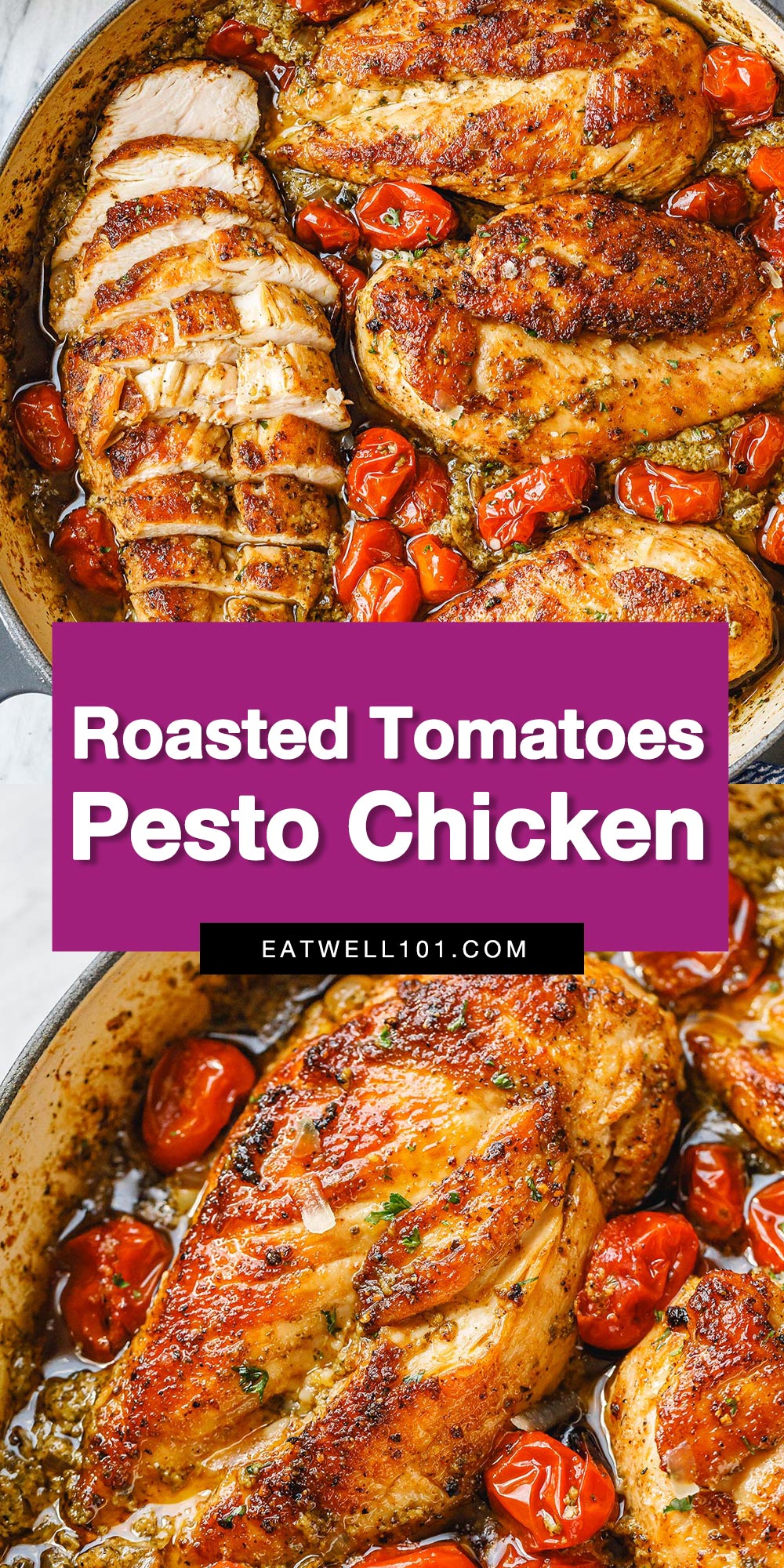 Creamy Pesto Chicken with Roasted Tomatoes - #chicken #pesto #recipe #eatwell101 - Creamy pesto chicken dinner comes together in just 30 minutes and is packed with flavor. A restaurant style pesto chicken recipe you can serve on anything your want!