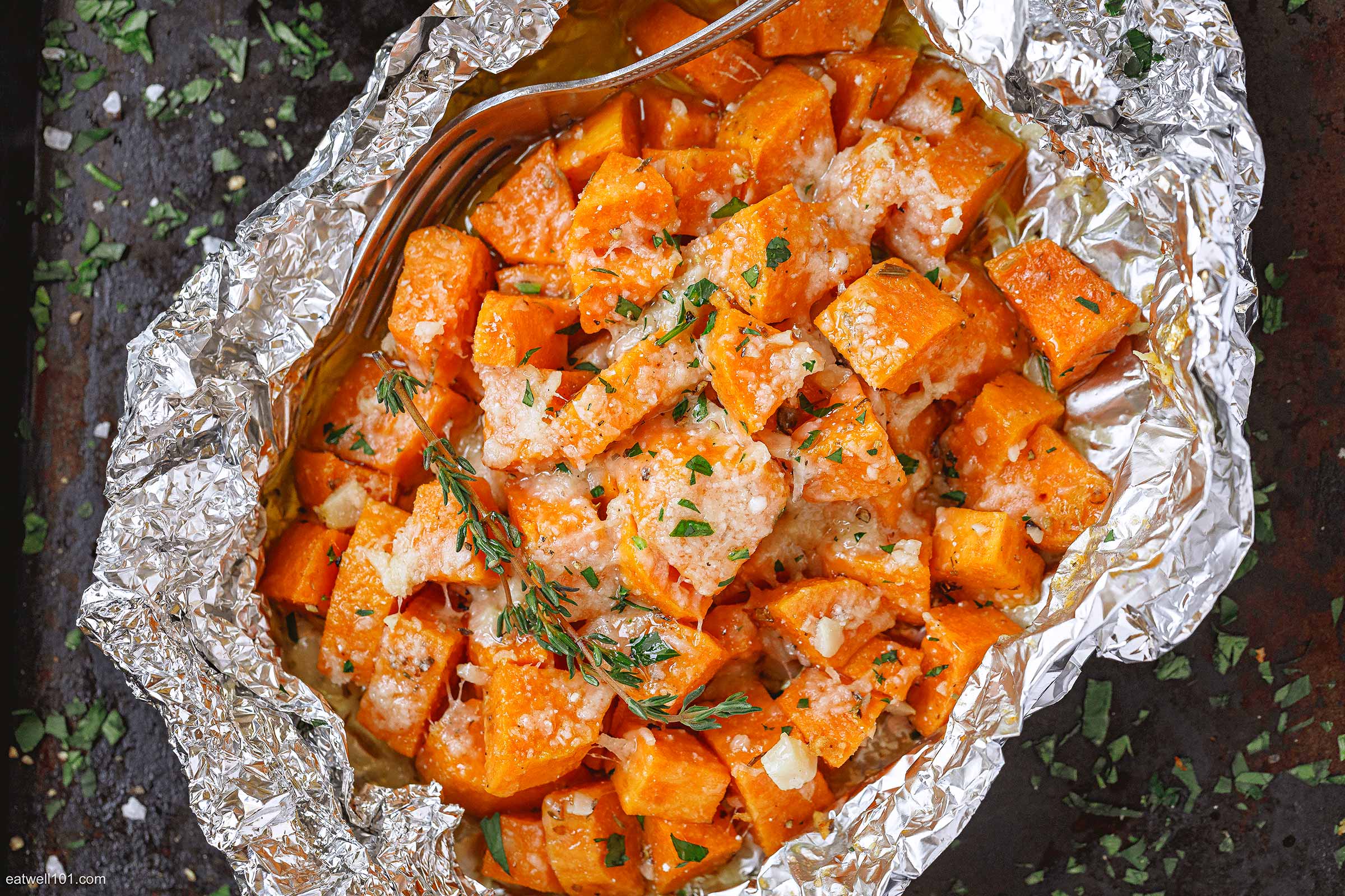 Parmesan Sweet Potatoes in Foil Packets