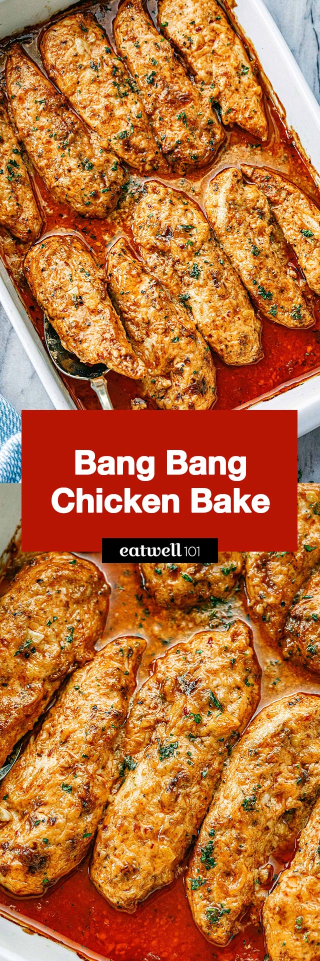 Bang Bang Chicken Bake - #chicken #recipe #eatwell101 - Baked Bang Bang Chicken is so good and healthier than the pan-fried version. You'll love these crisp/juicy chicken tenders and their sweet-spicy sauce!