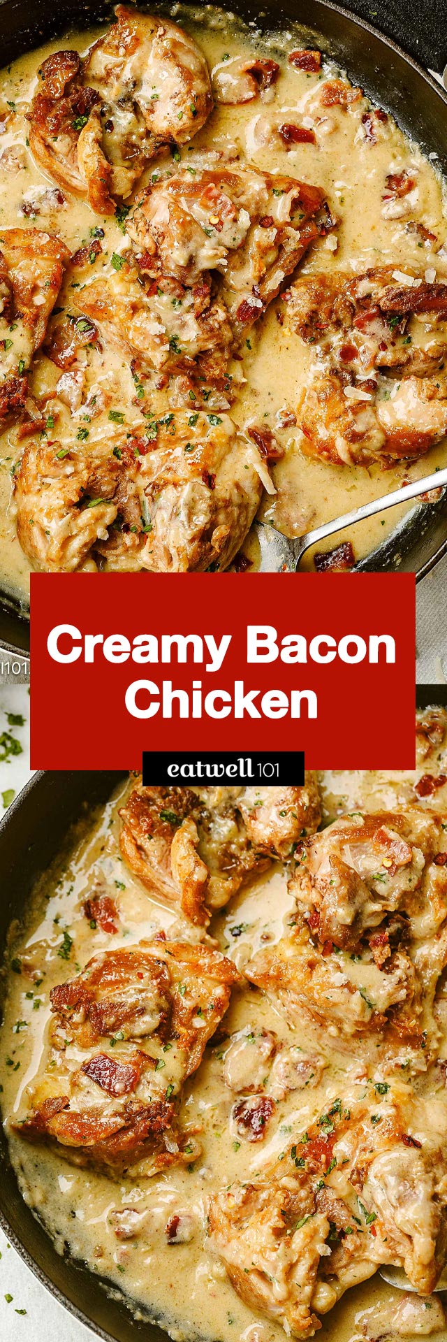 Creamy Bacon Chicken - #chicken #recipe #eatwell101 - These creamy chicken thighs with bacon are quick, easy, yet utterly delicious!